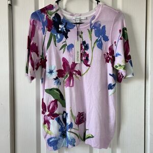 NEW Chico’s Floral Crewneck Pullover Sweater Pink Multi Short Sleeve Sz 0 S NWT